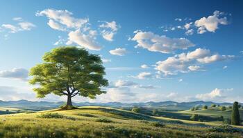 ai generato solitudine nel natura prato, albero, montagna, tramonto, cielo, alba generato di ai foto