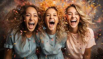 ai generato sorridente donne celebrare, gioioso risata, festa con gli amici, puro felicità generato di ai foto