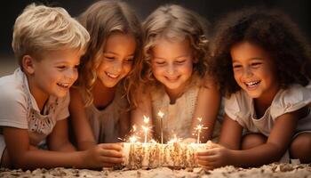 ai generato sorridente ragazze e ragazzi godere compleanno candela divertimento insieme generato di ai foto