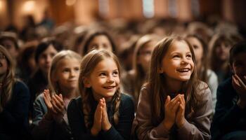 ai generato un' grande gruppo di allegro bambini godendo un' scuola prestazione generato di ai foto