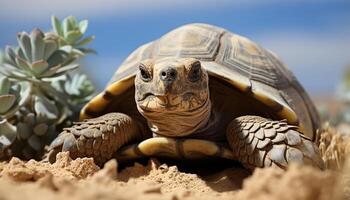 ai generato carino tartaruga strisciando su sabbia, lento e piccolo nel natura generato di ai foto