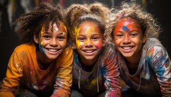 ai generato sorridente bambino, allegro felicità, divertimento ragazze, infanzia amicizia, gioia generato di ai foto