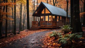 ai generato tranquillo scena autunno foresta, vecchio villetta, inverno paesaggio, rustico bellezza generato di ai foto