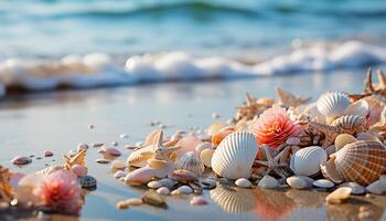 ai generato tropicale spiaggia sabbia, acqua, guscio, onda, tramonto, rilassamento, bellezza generato di ai foto