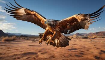 ai generato maestoso uccello di preda vola nel tranquillo africano paesaggio generato di ai foto