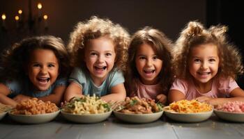 ai generato sorridente bambini godendo un' divertimento festa, mangiare insieme in casa generato di ai foto