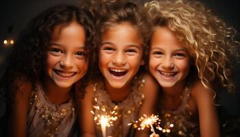 ai generato sorridente ragazze godere allegro amicizia, festeggiare gioia e solidarieta generato di ai foto