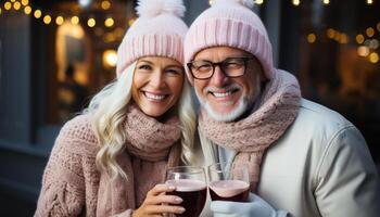 ai generato sorridente coppia gode inverno, amore, e caldo caffè all'aperto generato di ai foto