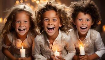 ai generato sorridente ragazze, allegro ragazzi, carino bambino felicità e divertimento generato di ai foto