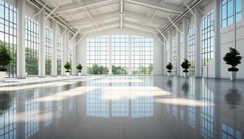 ai generato moderno bicchiere architettura riflette luminosa blu cielo nel vuoto corridoio generato di ai foto