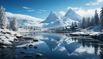 ai generato maestoso montagna gamma riflette tranquillo blu acqua, congelato nel inverno generato di ai foto