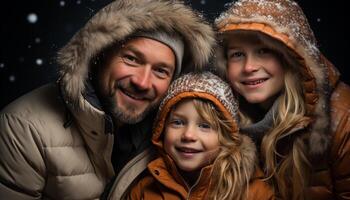 ai generato sorridente famiglia abbraccia inverno, amore e gioia nel natura generato di ai foto