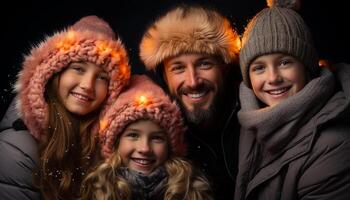 ai generato un' allegro famiglia godendo il inverno all'aperto, Abbracciare una persona il freddo generato di ai foto