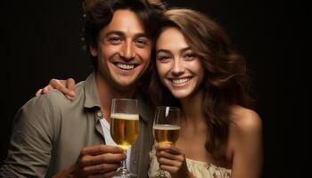 ai generato giovane adulti nel amore, sorridente, festeggiare con Champagne, tostatura insieme generato di ai foto