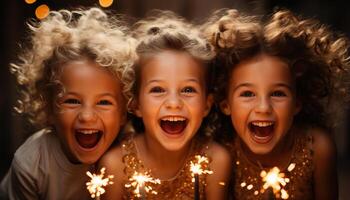 ai generato sorridente bambini celebrare, ridere, e godere un' divertimento compleanno festa generato di ai foto