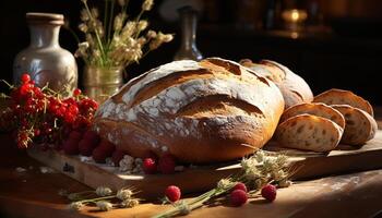 ai generato appena al forno fatti in casa pane su rustico di legno tavolo, un' buongustaio diletto generato di ai foto