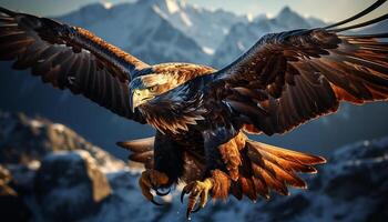 ai generato maestoso falco vola, diffusione Ali, nel tranquillo montagna paesaggio generato di ai foto