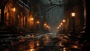 ai generato spaventoso notte, vecchio lanterna si illumina scuro, Gotico architettura all'aperto generato di ai foto
