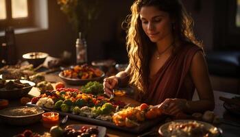 ai generato giovane donne godendo un' salutare pasto, sorridente nel domestico cucina generato di ai foto