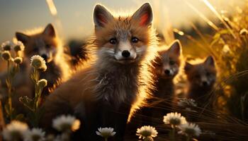 ai generato carino cucciolo e gattino giocando nel prato, natura bellezza generato di ai foto