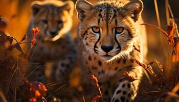 ai generato maestoso ghepardo a piedi nel natura selvaggia, guardare lontano, natura bellezza generato di ai foto