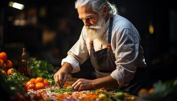 ai generato anziano uomo Lavorando all'aperto, Tenere fresco la verdura, taglio con precisione generato di ai foto