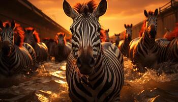 ai generato zebra mandria pascolo su africano savana a tramonto generato di ai foto