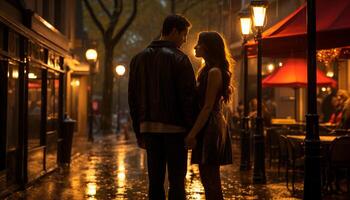 ai generato giovane coppia abbracciando, a piedi insieme nel illuminato città strade a notte generato di ai foto