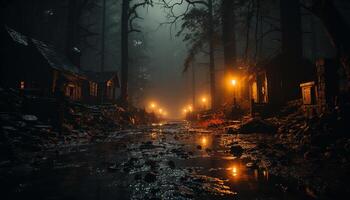 ai generato spaventoso autunno notte, buio foresta, vecchio rovina, illuminato di chiaro di luna generato di ai foto