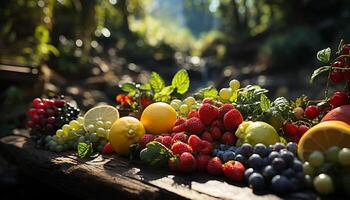 ai generato fresco, maturo frutta fragola, uva, Limone, lampone, agrumi, lime, arancia, mirtillo, mela, melone generato di ai foto