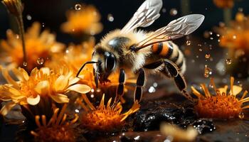 ai generato occupato miele ape Lavorando su un' giallo fiore, impollinazione natura generato di ai foto
