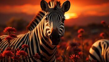 ai generato zebra pascolo nel il africano savana, natura a strisce bellezza generato di ai foto