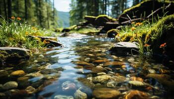 ai generato tranquillo scena verde foresta, fluente acqua, montagna riflessione, tranquillo, calmo animali generato di ai foto