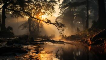 ai generato tranquillo scena nebbioso foresta, autunno foglie, riflettendo nel stagno generato di ai foto