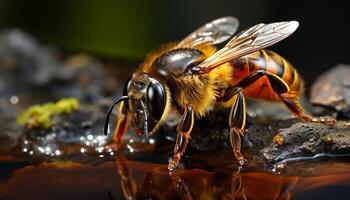 ai generato ape raccolta polline, Lavorando nel natura piccolo, giallo giardino generato di ai foto