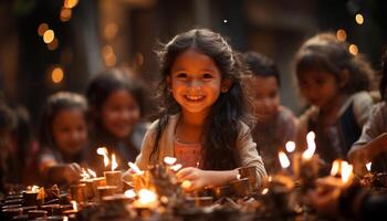 ai generato contento bambini festeggiare insieme, sorridente e Tenere compleanno candele generato di ai foto