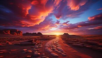 ai generato maestoso tramonto al di sopra di arido sabbia dune, natura tranquillo bellezza generato di ai foto