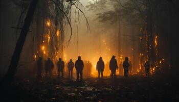 ai generato gruppo di persone a piedi nel il buio foresta a crepuscolo generato di ai foto