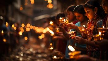 ai generato famiglia festeggiare Natale con lume di candela, calore, e gioioso solidarieta generato di ai foto