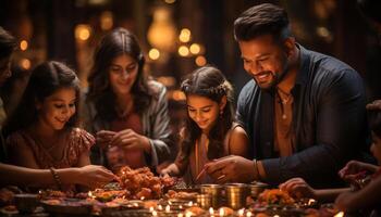 ai generato un' gioioso famiglia raccolta, godendo cibo e solidarieta all'aperto generato di ai foto