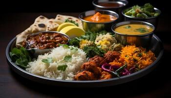 ai generato buongustaio pasto grigliato carne, fresco la verdura, basmati Riso, salutare insalata generato di ai foto