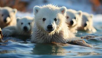 ai generato carino cucciolo giocando nel il neve, guardare a telecamera generato di ai foto