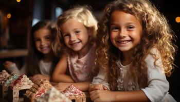 ai generato sorridente ragazze godendo dolce cibo, festeggiare compleanno con famiglia generato di ai foto