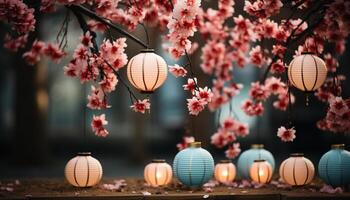 ai generato autunno albero illuminato di lanterne, festeggiare tradizionale Cinese Festival generato di ai foto