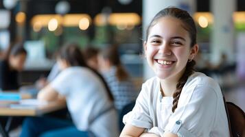 ai generato giovane ragazza sorridente a un' tavolo. generativo ai. foto