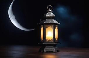 ai generato laylat al Qadr, eid al-fitr, santo mese di Ramadan, lunare mese, splendore e stelle, arabo lanterna fan su un' di legno tavolo, magico atmosfera, buio sfondo foto