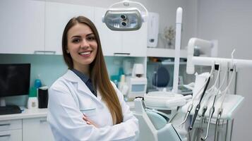 ai generato femmina dentista nel bianca laboratorio cappotto di dentista sedia. generativo ai. foto