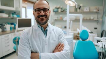 ai generato dentista medico nel laboratorio cappotto di dentista sedia. generativo ai. foto