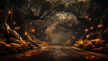 ai generato misterioso autunno foresta illuminato di lanterne crea spaventoso fantasia generato di ai foto
