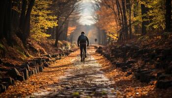 ai generato uno persona Ciclismo attraverso il autunno foresta, godendo all'aperto avventura generato di ai foto